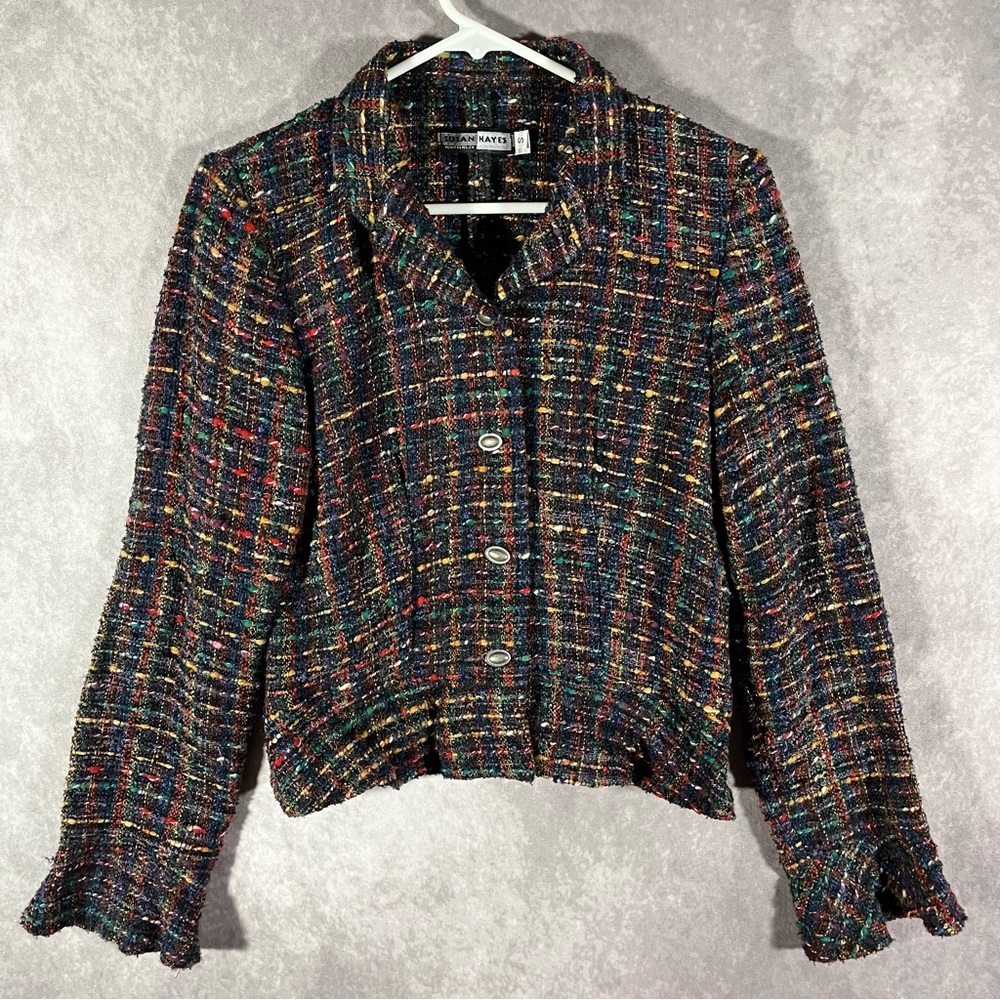 Susan Hayes Tweed Jacket Womens Small Multi Color Button Front Flared Cuff Artsy